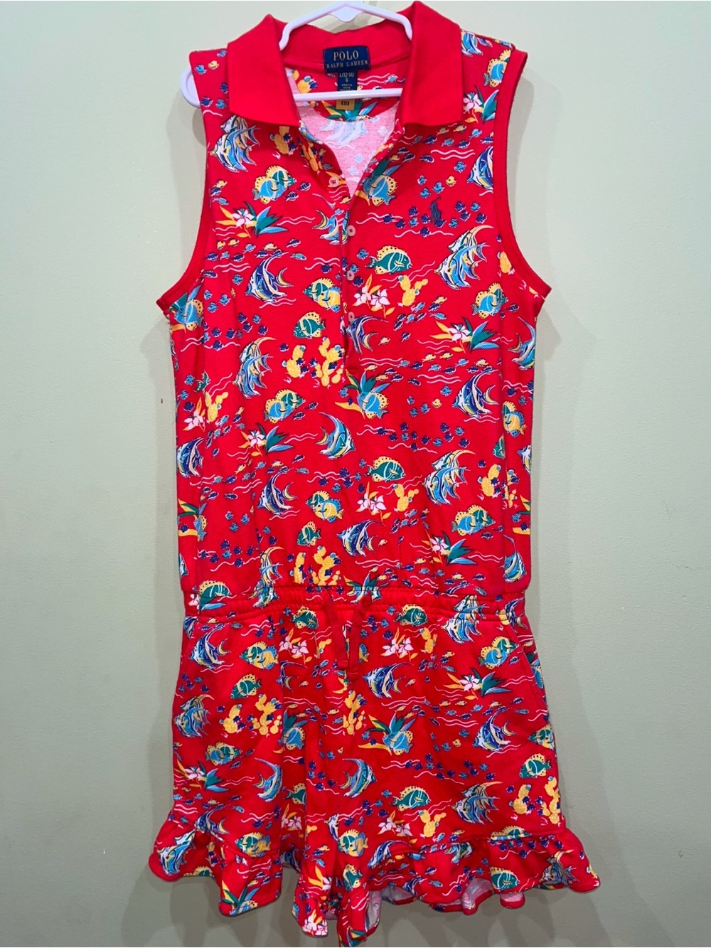 Polo Ralph Lauren Girls 12-14 Red Tropical Fish Floral Romper Sleeveless